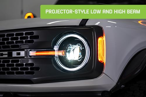 Black DV8 Offroad Headlights for 2021-2025 Ford Bronco | LED White DRL Halo w/Amber Centerline Light | 6500K Color Temp | 3650 Low Beam Lumens | 4700 High Beam Lumens | 90W LED System per Unit | Pair