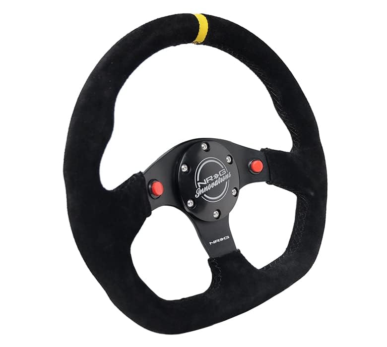 NRG Innovations Reinforced NRG-RST-024D-MB-S-Y Steering Wheel 320mm Sport Suede Dual Push Buttons Flat Bottom with Yellow Center Mark