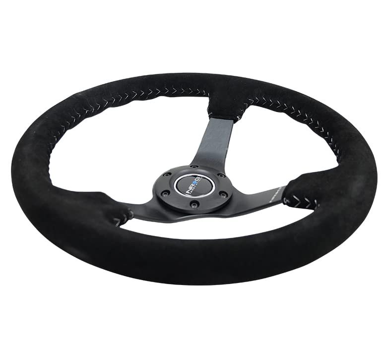 NRG Innovations Reinforced Steering Wheel NRG-RST-036MB-S-SL 3" Deep, 5mm Matte Black Spoke, 350mm Sport Steering Wheel Black Suede With Silver Baseball Stitching