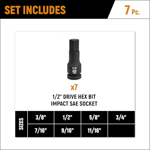 7 Pc. GEARWRENCH 1/2" Drive Hex Bit Impact Socket Set, Metric - 84940