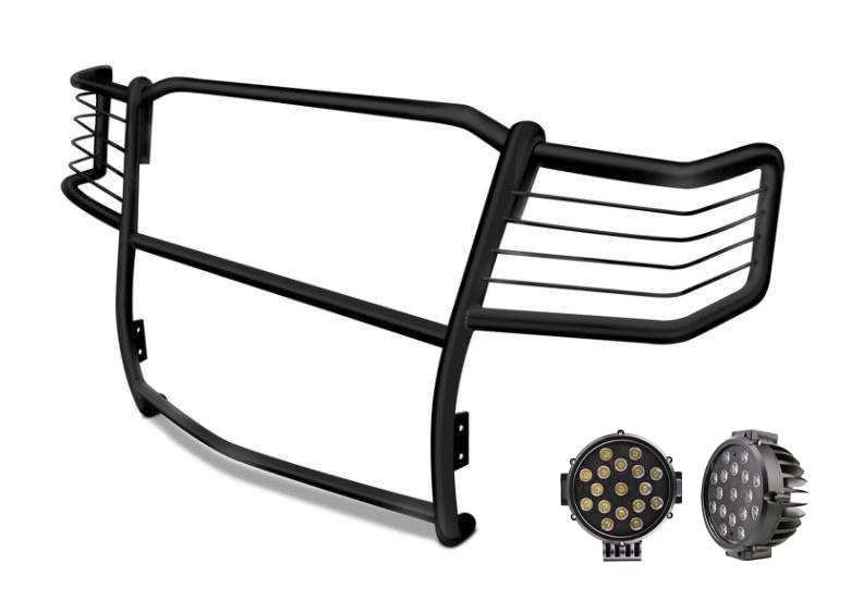 Black Horse Grille Brush Bumper Guard Black Modular Come with Pair of 7.0" LED Lights with Black Trim Rings Compatible with 1999-2007 Ford F-250 SD|1999-2004 Ford F-350/F-450/F-550 SD-17FB23MA-PLB