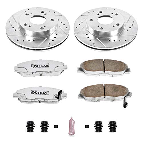 Power Stop Z26 Carbon Fiber Brake Pads K2384-26 with Drilled and Slotted Brake Rotors Kit For 2006 2007 2008 2009 2010 2011 Honda Civic DX LX LX-S EX EX-L