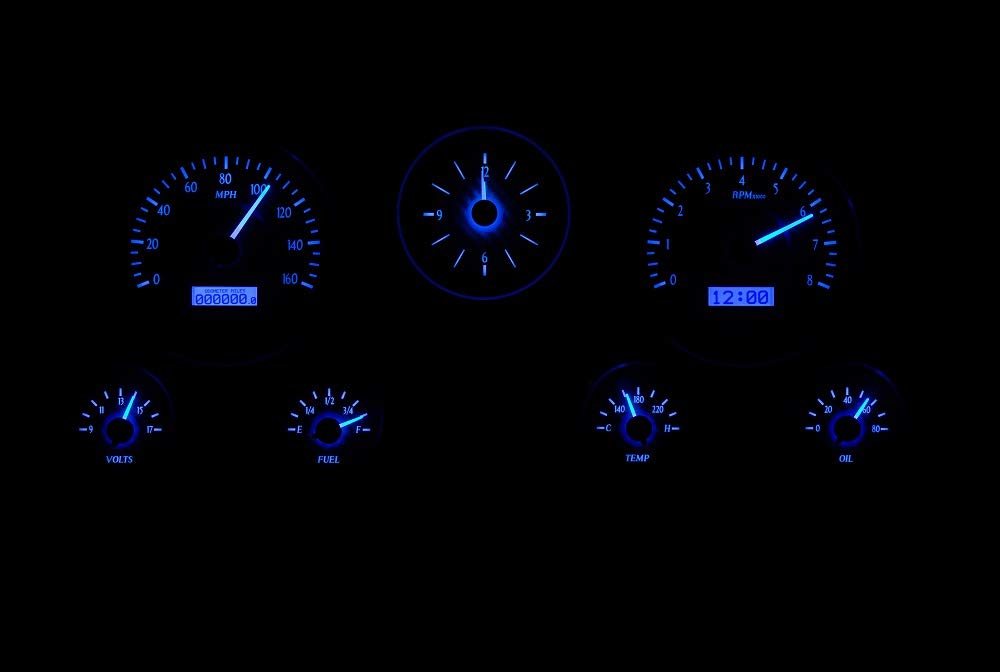 Dakota Digital VHX-67C-PA-C-B Analog Gauge System Compatible with 1967-72 Chevy Pickup Truck with Analog Clock Carbon Fiber Style Blue Backlighting