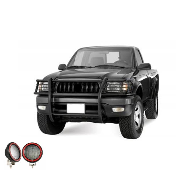Bumper Guard Black Horse Grille Brush Modular Black Come with Pair of 5.3" Dia.LED Lights with Red Trim Rings Compatible with 2001-2004 Toyota Tacoma-17TO23MA-PLFR