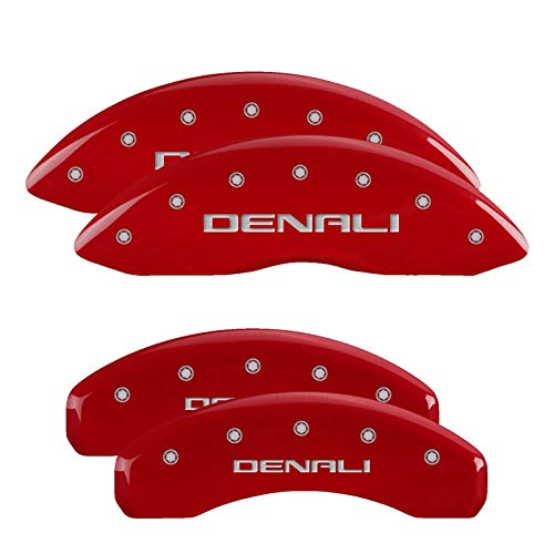 Brake Caliper Covers MGP - Compatible with 2021+ GMC Yukon, Yukon XL (Requires 18"+ Wheels) Powder-Coated Finish, 4 PCS Front and Rear (Red - Denali Engraving)
