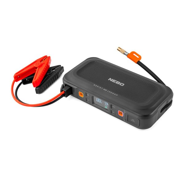 NEBO 1500XP Assist AIR Jump Starter and Air Compressor | 44.4Wh Power Supply Box Restarts 12V Battery Vehicles, 150 PSI Air Compressor Inflates Tires, Integrated Floodlight, USB Ports, TSA Approved