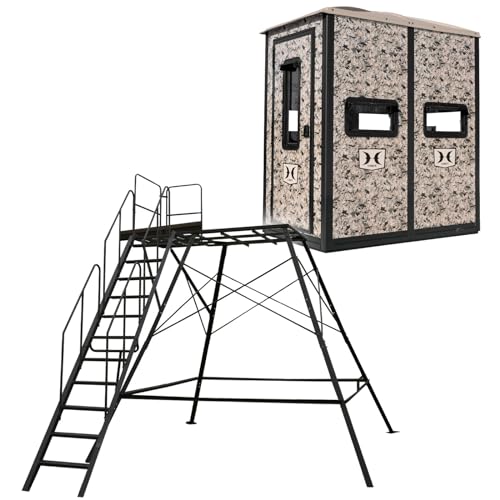 Double Hawk Hunting 4' W x 6' D x 6.5' T Assembled Camo Concealing Insulated Steel Box Blind | Floor with Rubber Pad and Multiple One-Hand-Operable Windows | 10ft Premium Towerbase w/