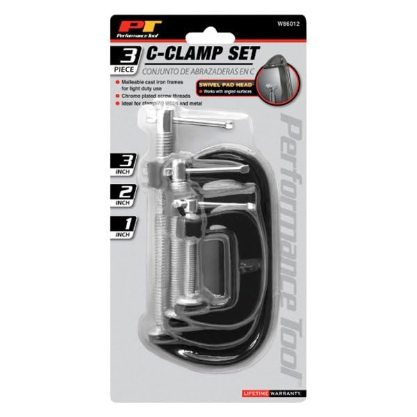 3-Piece C-Clamp Set Performance Tool W86012 with Malleable Cast Iron Frames and Swivel Pad Head for Wood and Metal Clamping
