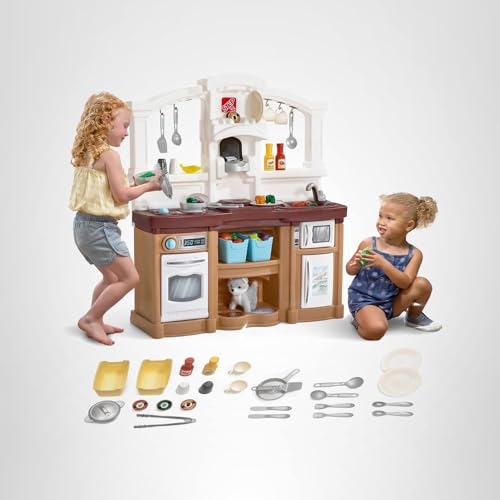 Step2 Fun with Friends Kitchen Playset Kids, Indoor/Outdoor Kitchenette, Interactive Play with Lights and Sounds, Durable Plastic, Includes 25 Piece Toy Accessories, Toddlers 2+ Years Old, Tan