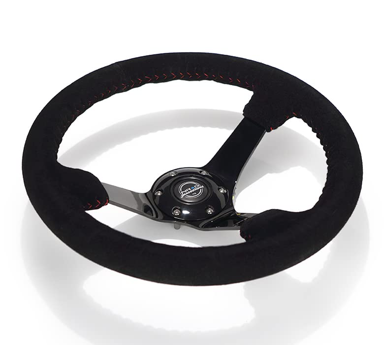 NRG Innovations Reinforced NRG-RST-036BK-S Steering Wheel 350mm Diameter Sport Steering Wheel (3' Deep) Black Suede With Red Baseball Stitching - BLACK Spoke