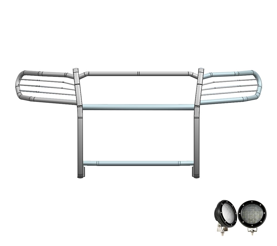 Bumper Guard Modular Black Horse Grille brush Come with Pair of 5.3"Led Lights with Black Trim Rings Compatible with 2022-2024 Jeep Grand Cherokee|2021-2024 Jeep Grand Cherokee L-17JGL21MA-PLFB