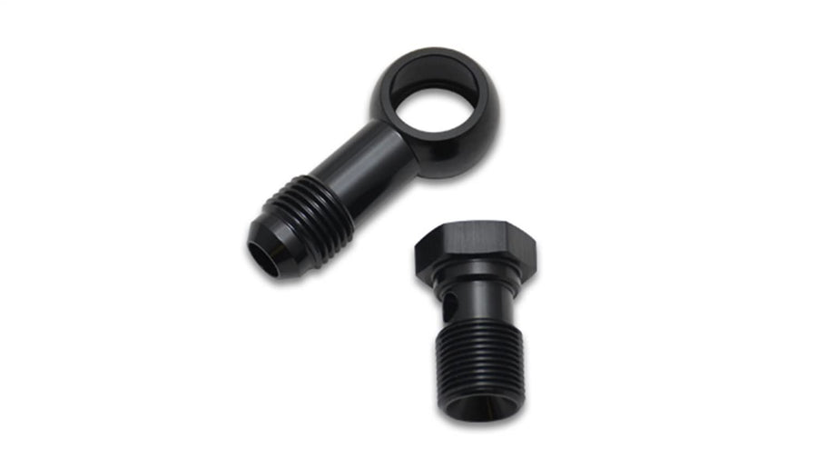 Fitting, Vibrant Power 11562 AN to Banjo Adapter, Male -4 AN Banjo, Male 7/16-20 Bolt, with 2 Crush Washers, Aluminum, Black Anodized, each