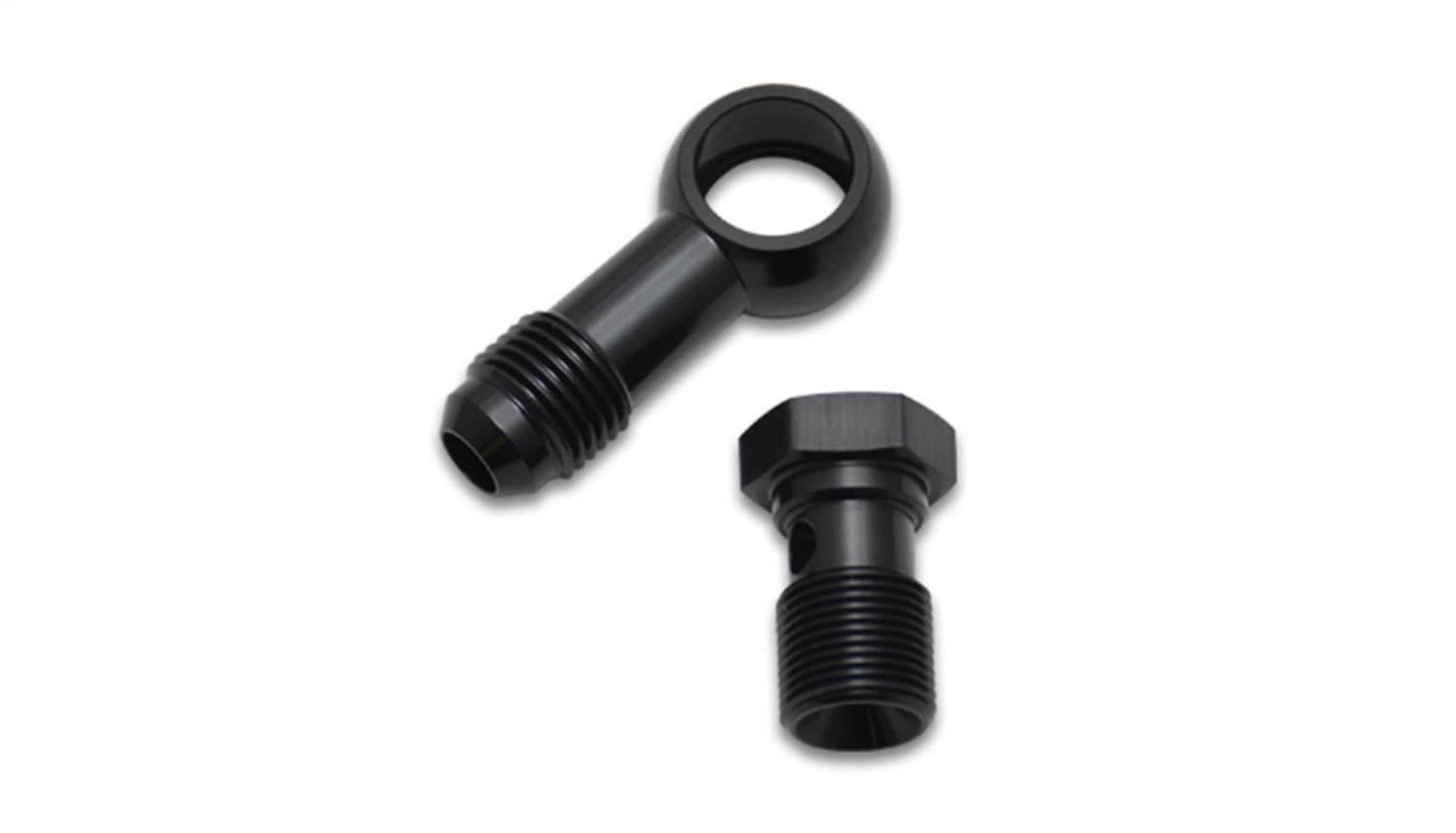 Fitting, Vibrant Power 11570 AN to Banjo Adapter, Male -6 AN Banjo, Male 3/8-20 Bolt, with 2 Crush Washers, Aluminum, Black Anodized, each