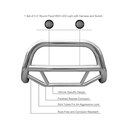 Max Bull Bar Kit Black Horse No Skid Plate Stainless Steel Compatible with 2022-2025 Nissan Pathfinder|2022-2024 Infiniti QX60, Comes with a Set of 5.3" Black Round Flood LED Lights