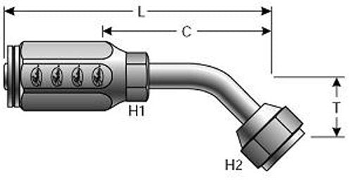 Gates Field Attachable Type T 6C2AT-6RFFORX45S for G2 Hose, 2 Wire, Female Flat-Face O-Ring Swivel, 45 Bent Tube, 3/8" ID
