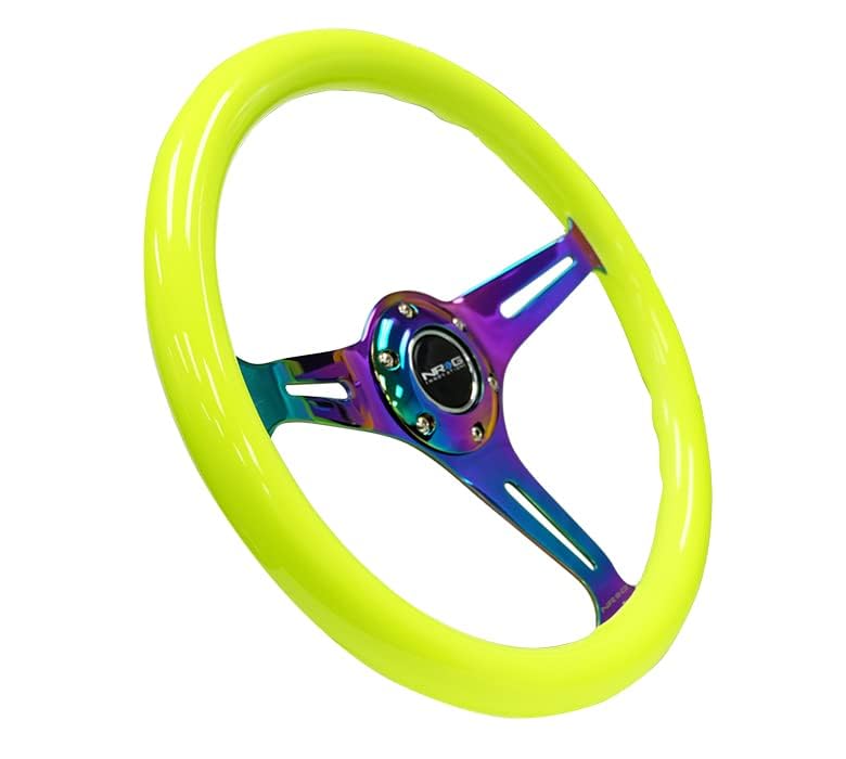NRG Innovations Steering Wheel NRG-ST-015MC-NYW - 350mm 25mm Deep Configuration, Classic Wood Grain Wheel, 3 Neochrome Spokes-Neon YELLOW Color