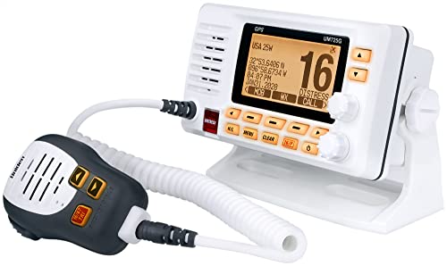 Marine VHF Radio Uniden UM725G, All USA, Canada, and Intl. Marine Channels, 1Watt/25Watt Transmit Power, Largest LCD Screen in Class, NOAA Weather Channels w/Alerts, Speaker Mic, GPS Built-in.