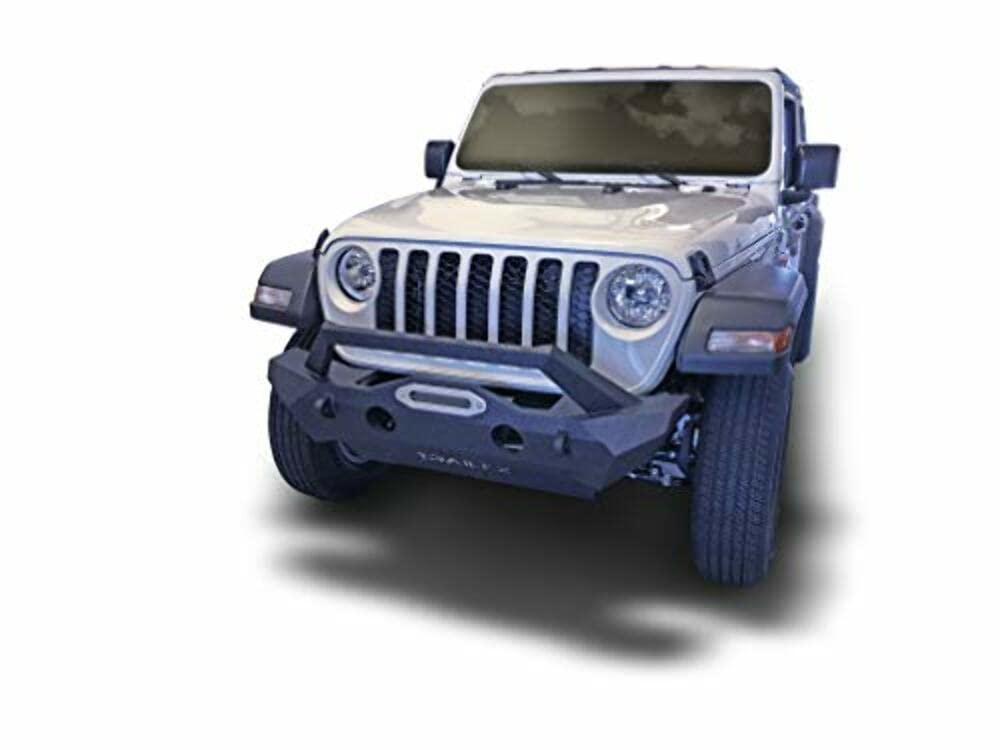 Stubby TrailFX Front Bumper Fits 2018–2025 Jeep Wrangler JL Grille Guard Winch Mount and LED Light Bar Mount Black Powder Coated SteelOEM Fog Light Cutouts Skid Plate With Mounting Hardware