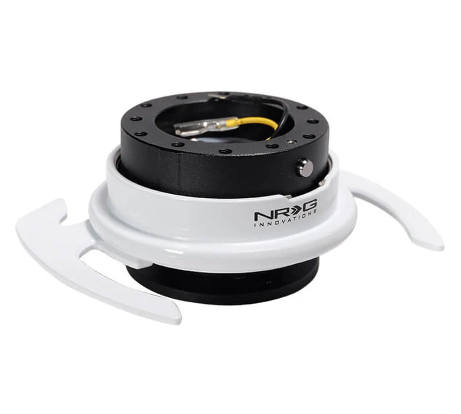 NRG Innovations GEN 4.0 NRG-SRK-700BK-WT Steering Wheel Quick Release Kit Adapter, Black Body/White Ring With Handles & 6x70 and 6x74mm Bolt Patterns