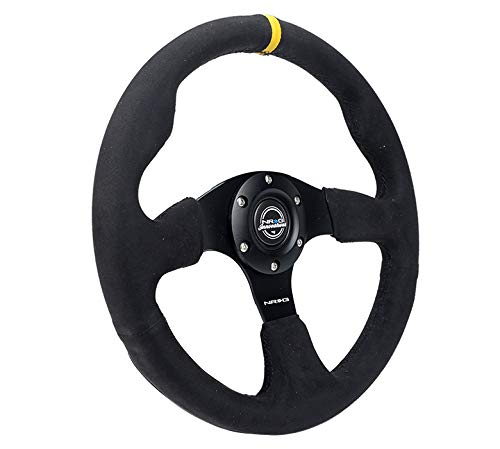NRG Innovations Reinforced NRG-RST-012SA-Y Steering Wheel - Alcantara Steering Wheel with Yellow Center Mark 320mm Diameter, and 25mm Deep Black Stitch