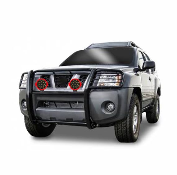 Grille Brush Black Horse Bumper Guard Modular Black Come with Pair of 7.0" Dia.LED Lights with Red Trim Rings Compatible with 2005-2015 Nissan Xterra-17A112100MA-PLR