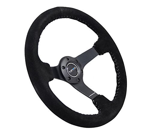NRG Innovations Reinforced Steering Wheel NRG-RST-036MB-S-SL 3" Deep, 5mm Matte Black Spoke, 350mm Sport Steering Wheel Black Suede With Silver Baseball Stitching