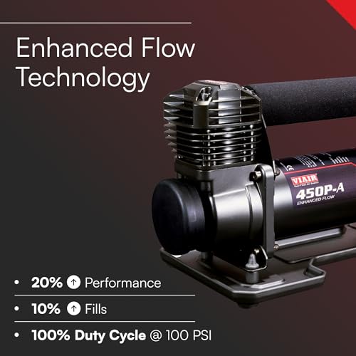 450P-A EF VIAIR Enhanced Flow - 45144 Tire Inflator Portable Air Compressor for Truck & SUV | 100% Duty Cycle @ 100 PSI | 12V Tire Pump Air Compressor | 150 PSI, Any Tire Size (SAE, Alligator Clips)