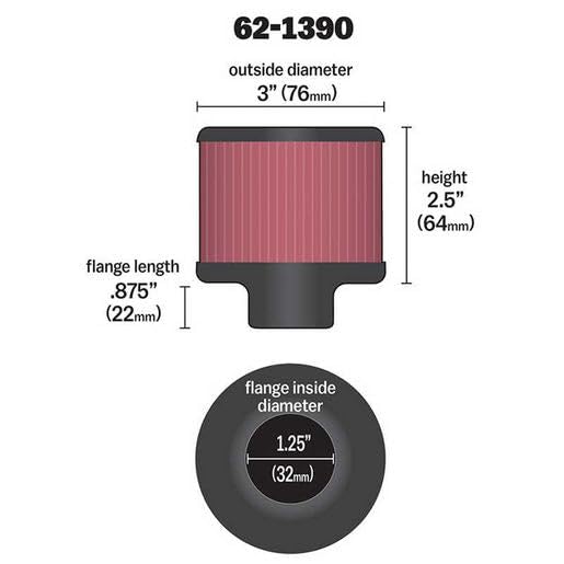 K&N Air Filter/Breather Vent: High Performance, Premium, Washable, Replacement Engine Filter: Flange Diameter: 1.25 in, Filter Height: 2.5 in, Flange Length: 0.875 in, Shape: Breather, 62-1390
