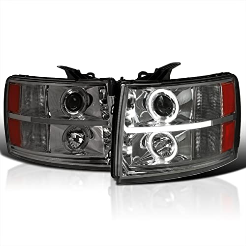 Halo LED SPEC-D TUNING Glossy Black Projector Headlights Compatible with 2007-2013 Chevy Silverado 1500, 2007-2014 Chevy Silverado 2500HD/3500HD, Left + Right Pair Headlamps Assembly