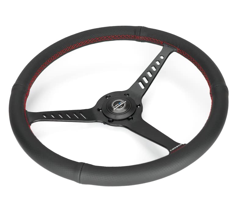 NRG Innovations Reinforced NRG-RST-380-STL-R Classic Stealth Wheel, 380mm, 3 Spoke Center with Diagnal Slits, 1" Deep Dish with Perforated Leather and Red Stitching