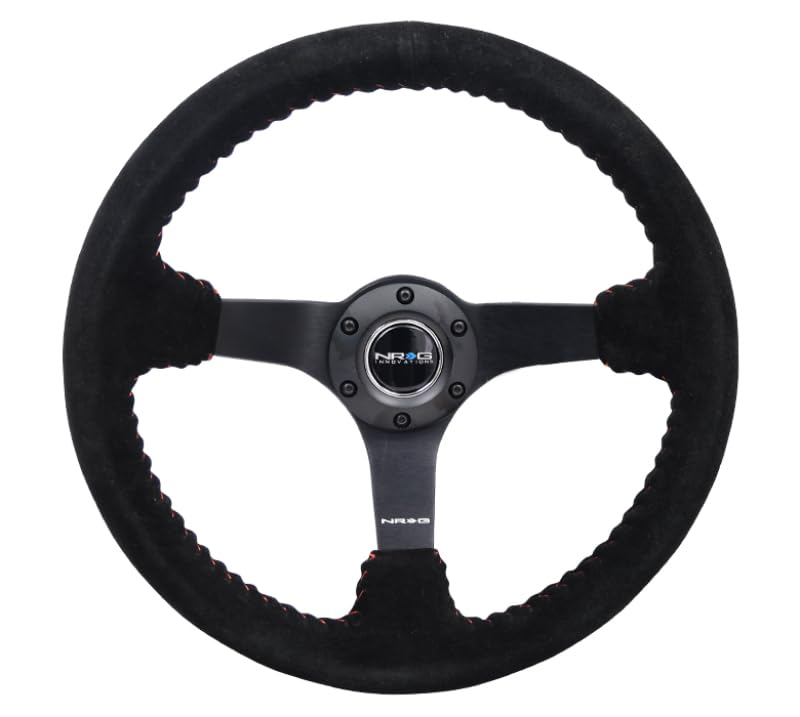 NRG Innovations Reinforced Steering Wheel NRG-RST-036MB-S-RD 3" Deep, 5mm Matte Black Spoke, 350mm Sport Steering Wheel Black Suede With Red Baseball Stitching