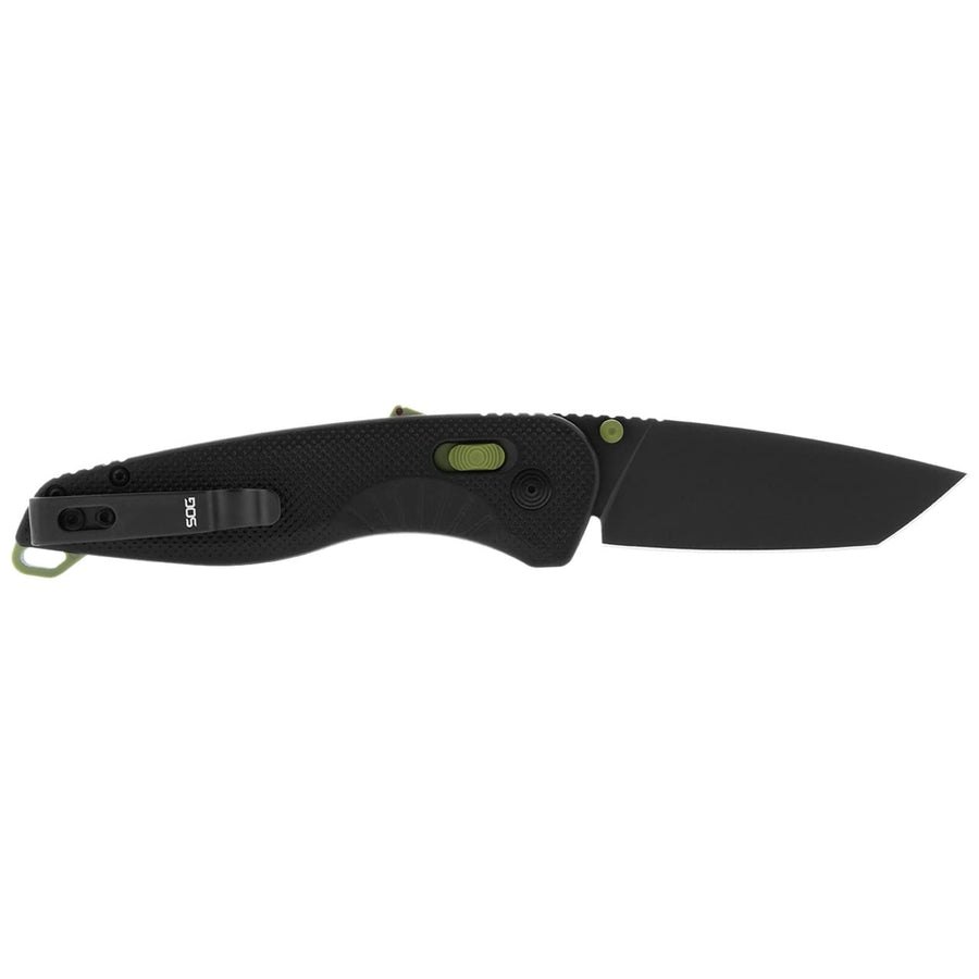 SOG Aegis Tanto Outdoor Pocket Folding Opening Knife, Ambidextrous at-XR Lock with Ergonomic Handle, D2 Steel Blade, Built-in Blade Locking Safety and Spine-Mounted Safety System, Black & Moss
