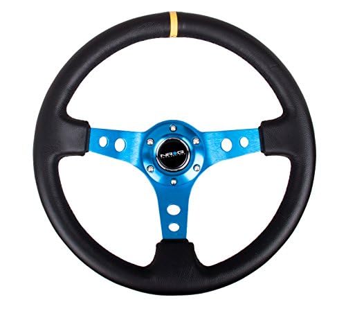NRG Innovations Reinforced NRG-RST-006BL-Y Steering Wheel - 350mm 75mm Deep Racing Steering Wheels Blue Spoke with Round holes/Black Leather and Yellow Center Stripe