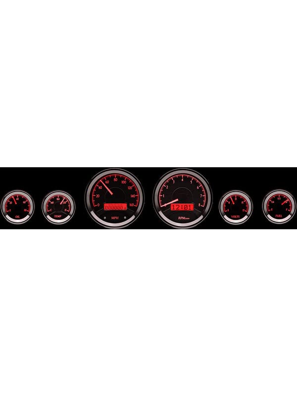 Dakota Digital 6 Round Universal Gauge System Kit, Black Alloy Style, Red Backlighting - VHX-1060-K-R