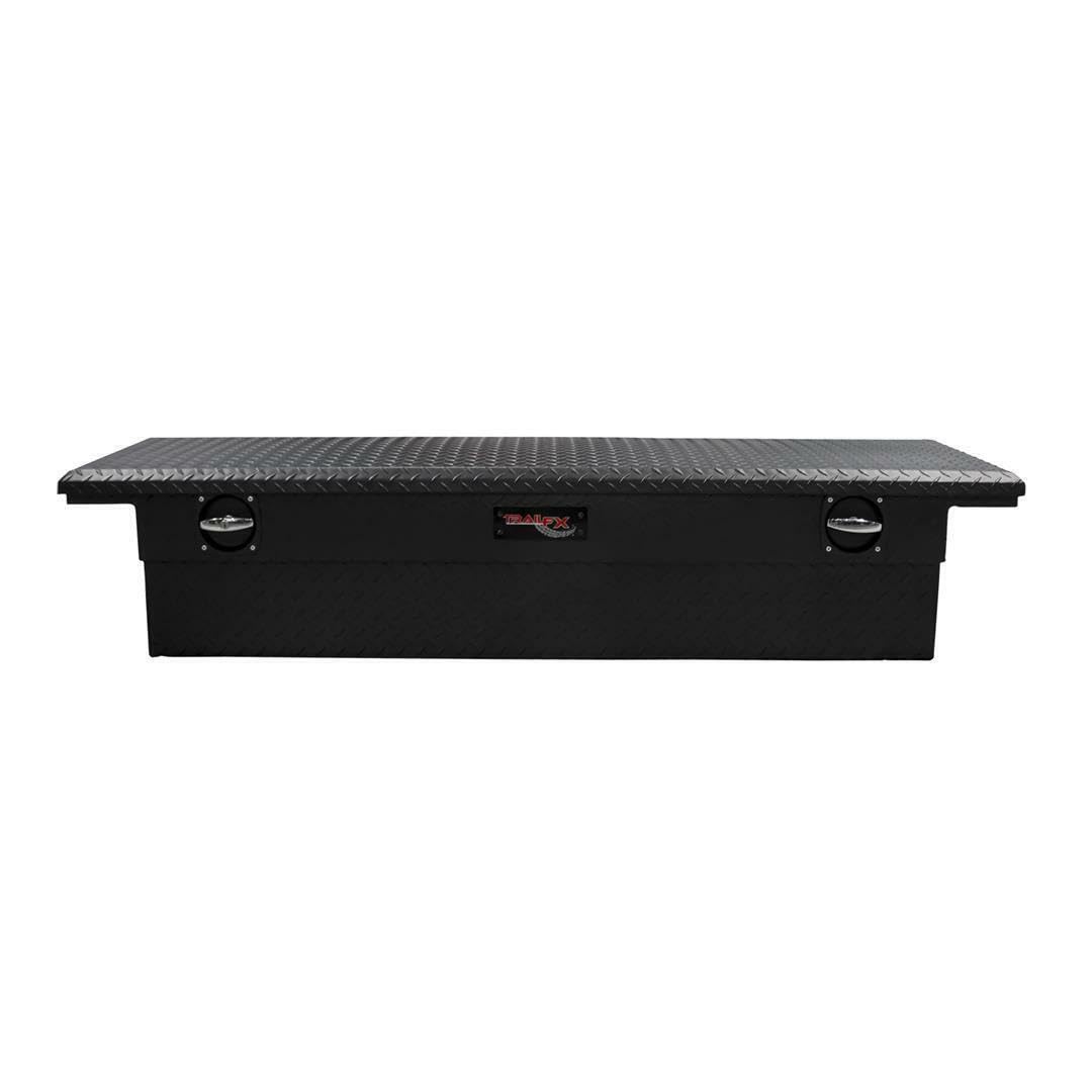 120693C TrailFX Tool Box Fits 1987-2025 Ford F-150 Low Profile Crossover Tool Box Single Lid Diamond Tread Matte Black Aluminum 69 Inch Wide 8.4 Cubic Foot T-Handle