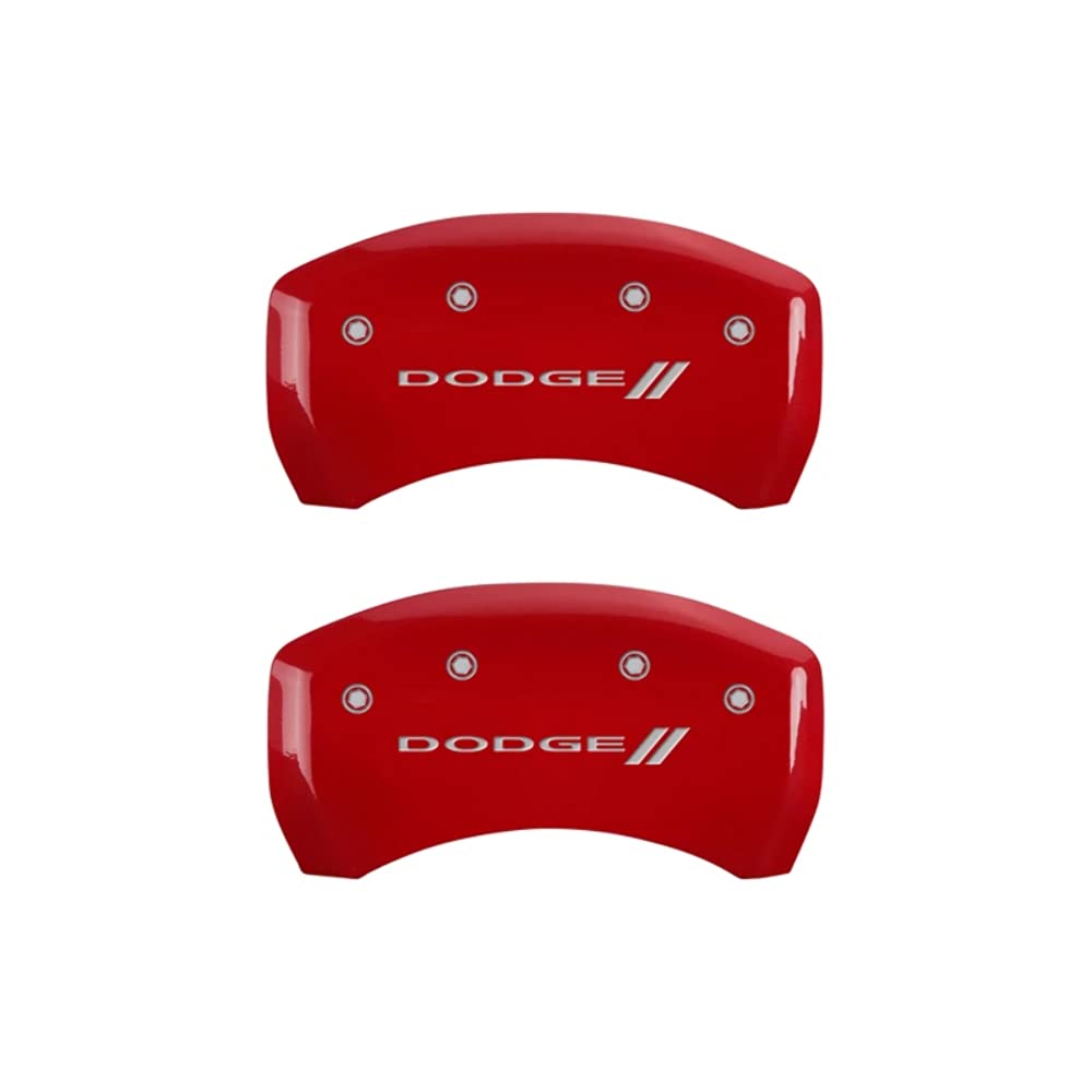 Brake Caliper Covers for 2011-2023 Dodge Challenger & 2011-2023 Dodge Charger - MGP Caliper Covers (Requires Dual Piston Front Caliper) Front and Rear Set - Engraved DODGE // Logo (Red)