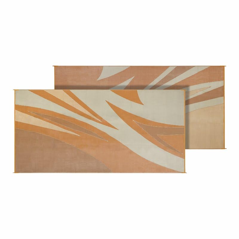 Patio Mat Faulkner 45638S, Summer Waves Design, 16 Foot Length x 8 Foot Width, Tan/Gold, Polypropylene, Reversible Fabric, Without Grommets/Storage Bag, with Corner Tie-Downs