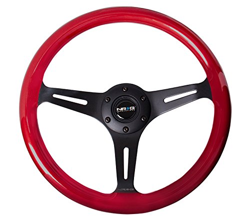 NRG Innovations Steering Wheel NRG-ST-015BK-RD - 350mm 25mm Deep Configuration, Classic Wood Grain Wheel 3 Black Spokes, Red Pearl/Flake Paint Black Center