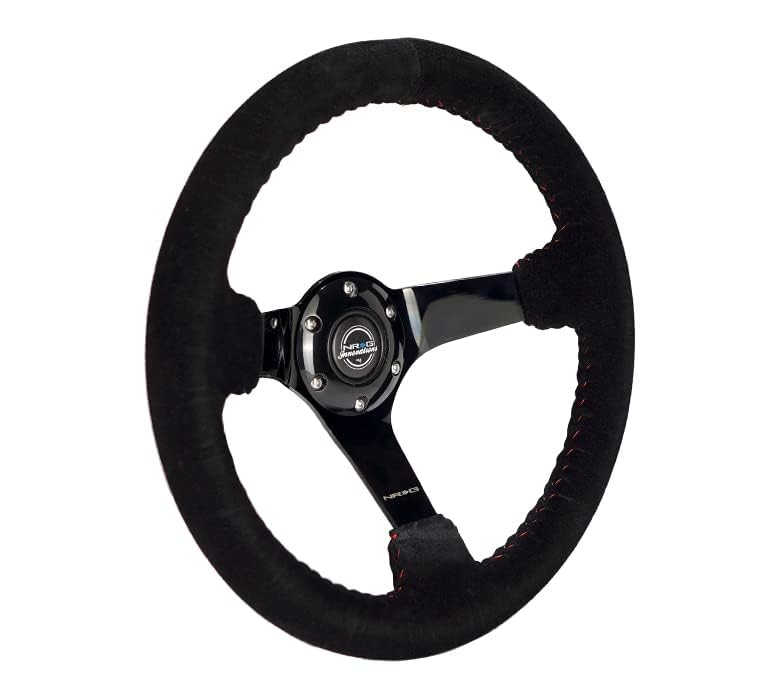 NRG Innovations Reinforced NRG-RST-033BK-S Steering Wheel 330mm Diameter Sport Suede Racing (3" Deep) Comfort Grip, 4mm Matte Black Spoke With Criss Cross Stitching, Perforated Leather Or Suede