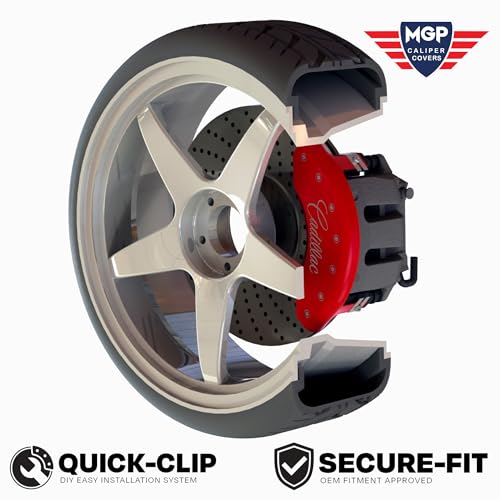 Caliper Covers MGP - Brake Caliper Covers Compatible with 2021-2025 Cadillac Escalade, 2023 ESV (Requires 18"+ Wheels) Powder-Coated Finish, 4 PCS Front and Rear (Red - Escalade Engraving)