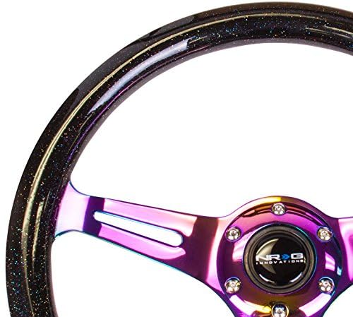 NRG Innovations Steering Wheel NRG-ST-015MC-BSB - 350mm 25mm Deep Configuration "Galaxy" Classic Wood Grain Wheel 3 Neochrome Spokes- Black Sparkled Color