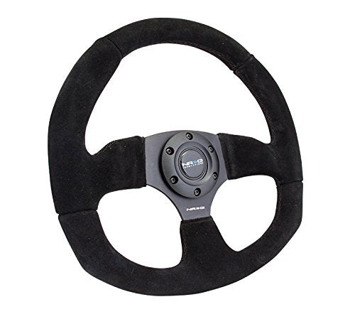 NRG Innovations Reinforced Steering Wheel NRG-RST-009S Premium Suede Leather Steering Wheel With/BLACK Stitch/Spoke D-Shape Flat Bottom 320MM / 330 MM