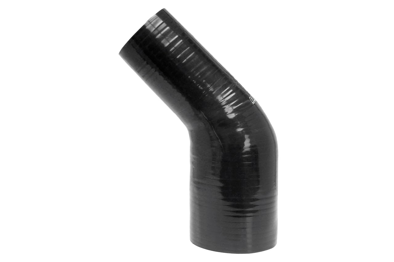 HPS HTSER45-325-350-BLK 4-ply Reinforced Silicone High Temperature 45 degree Elbow Reducer Coupler Hose, 30 PSI Maximum Pressure, 4" Leg Length on each side, 3-1/4" > 3-1/2" ID, Black