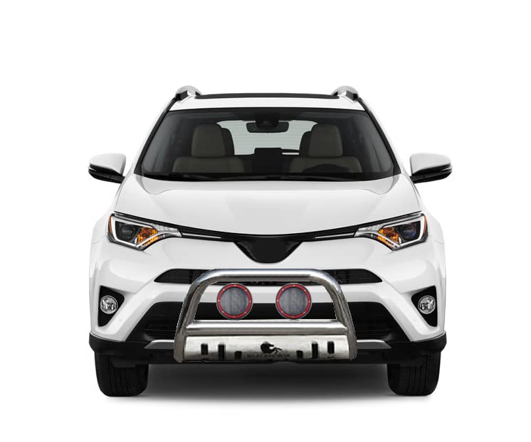 Bull Bar Black Horse Skid Plate Stainless Steel Come with Pair of 5.3" Dia. LED Flood Lights with Red Trim Rings Compatible with 2006-2018 Toyota RAV4-BB093904-SP-PLFR