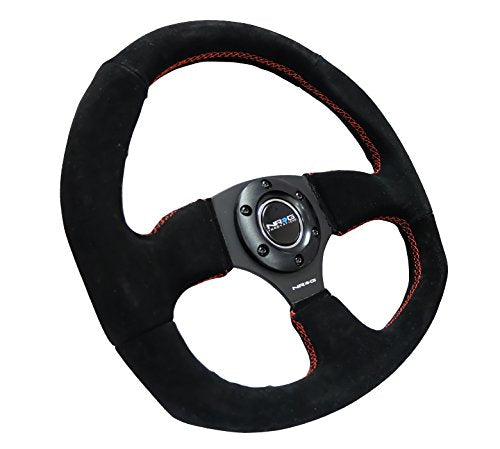 NRG Innovations Reinforced Steering Wheel NRG-RST-009S-RS Suede Leather Steering Wheel With/RED Stitch D-Shape Flat Bottom 320MM / 330MM