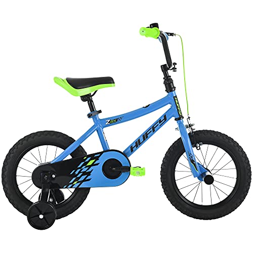 Huffy 14” Kid’s BMX Bike ZRX with Pegs, Training Wheels, Handlebar Bell, Blue and Green