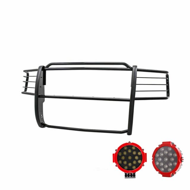 Black Horse Grille Brush Bumper Guard Black Modular Come with Pair of 7.0" Dia.LED Lights with Red Trim Rings Compatible with 2001-2012 Ford Ranger|2001-2012 Ford Ranger-17FR20MA-PLR