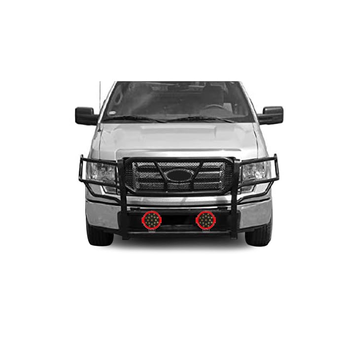 Heavy Duty Black Horse Rugged Grille Brush Bumper Guard Modular Black Come with Pair of 7.0" Dia.LED Lights with Red Trim Rings Compatible with 2009-2014 Ford F-150-RU-FOF109-B-PLR