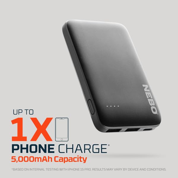 5K NEBO 5000mAh Power Bank | 18.5Wh Capacity, 2-Way Output Charging, Durable USB & USB-C Ports, Compatible with iPhone & Android, TSA Approved Travel Essential
