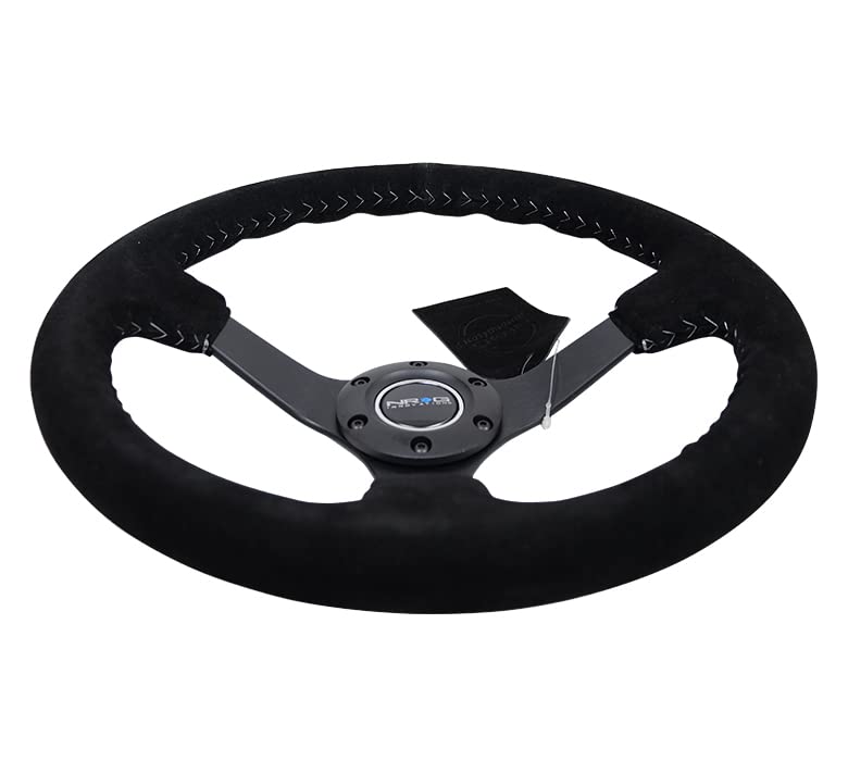 NRG Innovations Reinforced Steering Wheel NRG-RST-036MB-S-SL 3" Deep, 5mm Matte Black Spoke, 350mm Sport Steering Wheel Black Suede With Silver Baseball Stitching